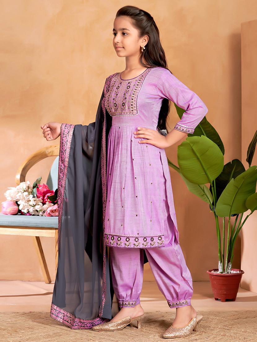 girls embroidered three quarter sleeve suit set - 22012025 - Standard Image - 2