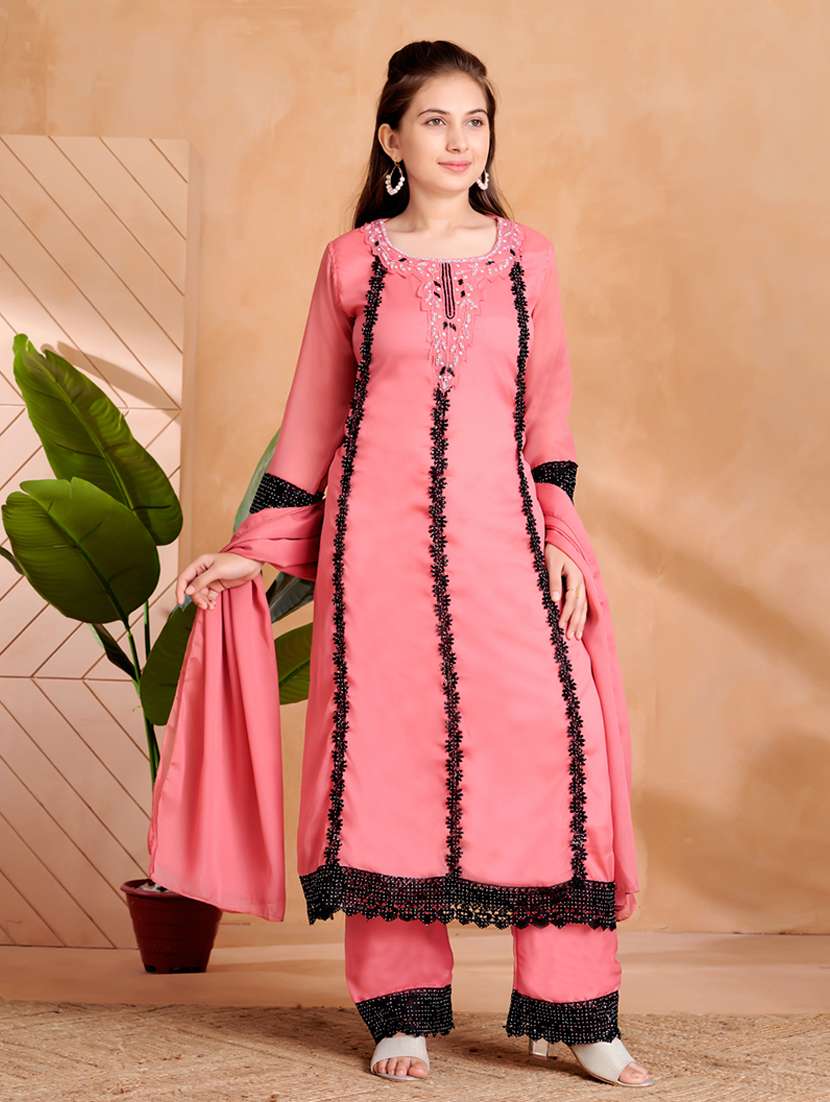 girls lace detailed three quarter sleeve suit set