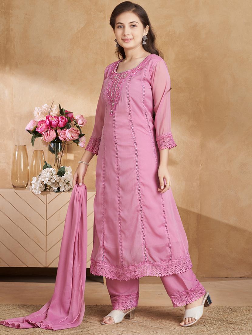 girls embroidered three quarter sleeve suit set - 22012029 - Standard Image - 2