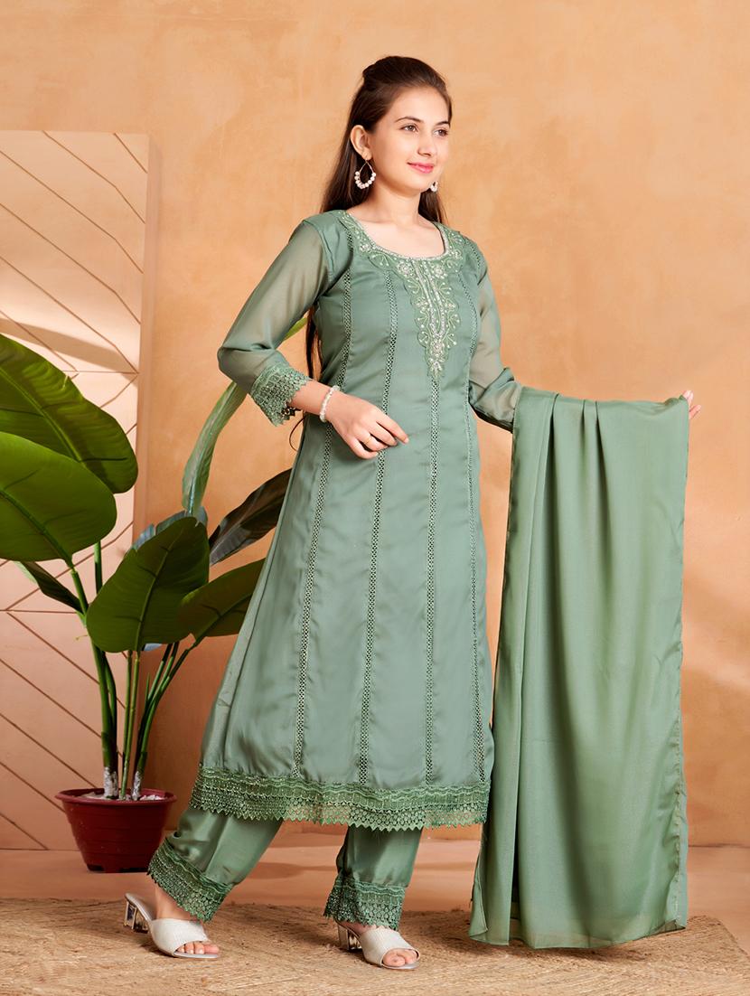 girls embroidered three quarter sleeve suit set - 22012030 - Standard Image - 2