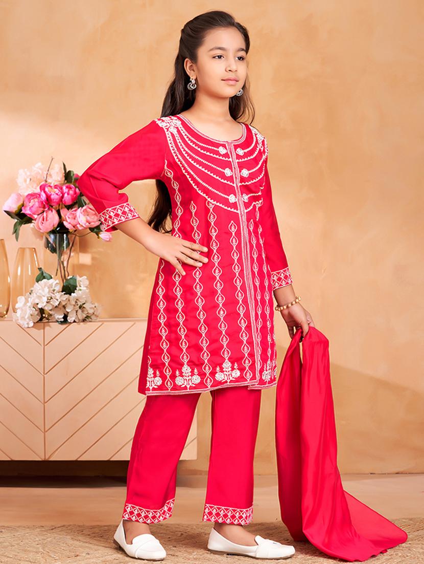 girls embroidered three quarter sleeve suit set - 22012032 - Standard Image - 2