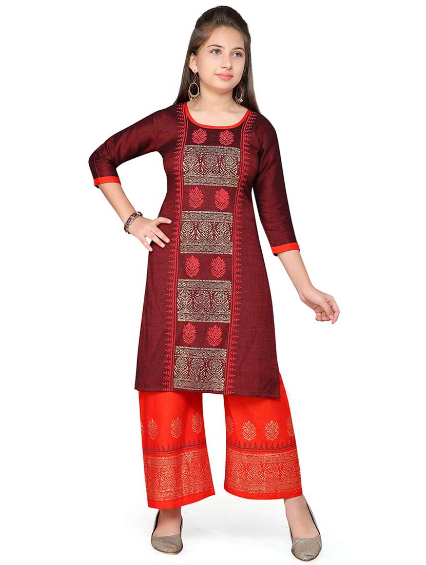 girls printed round neck kurta and palazzo set 