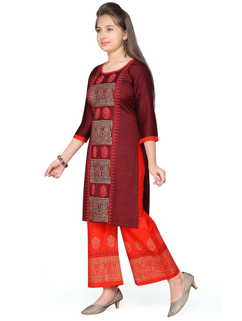 girls printed round neck kurta and palazzo set  - 22012043 -  Standard Image - 2