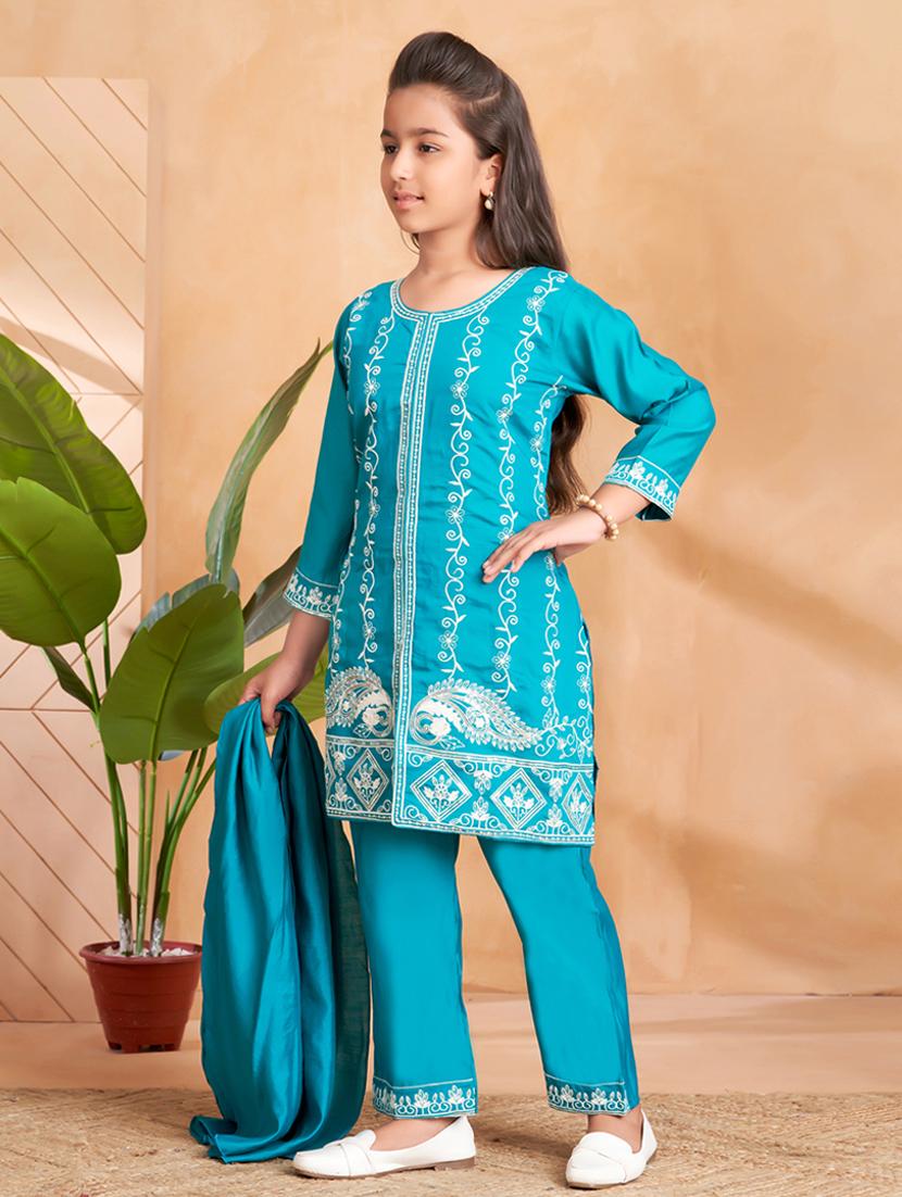 girls embroidered long sleeve kurta and pant set with dupataa - 22012047 - Standard Image - 2