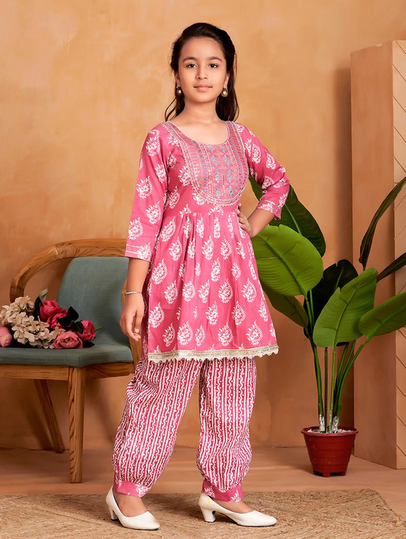 girls printed round neck kurta and salwar set - 22012058 - Standard Image - 2