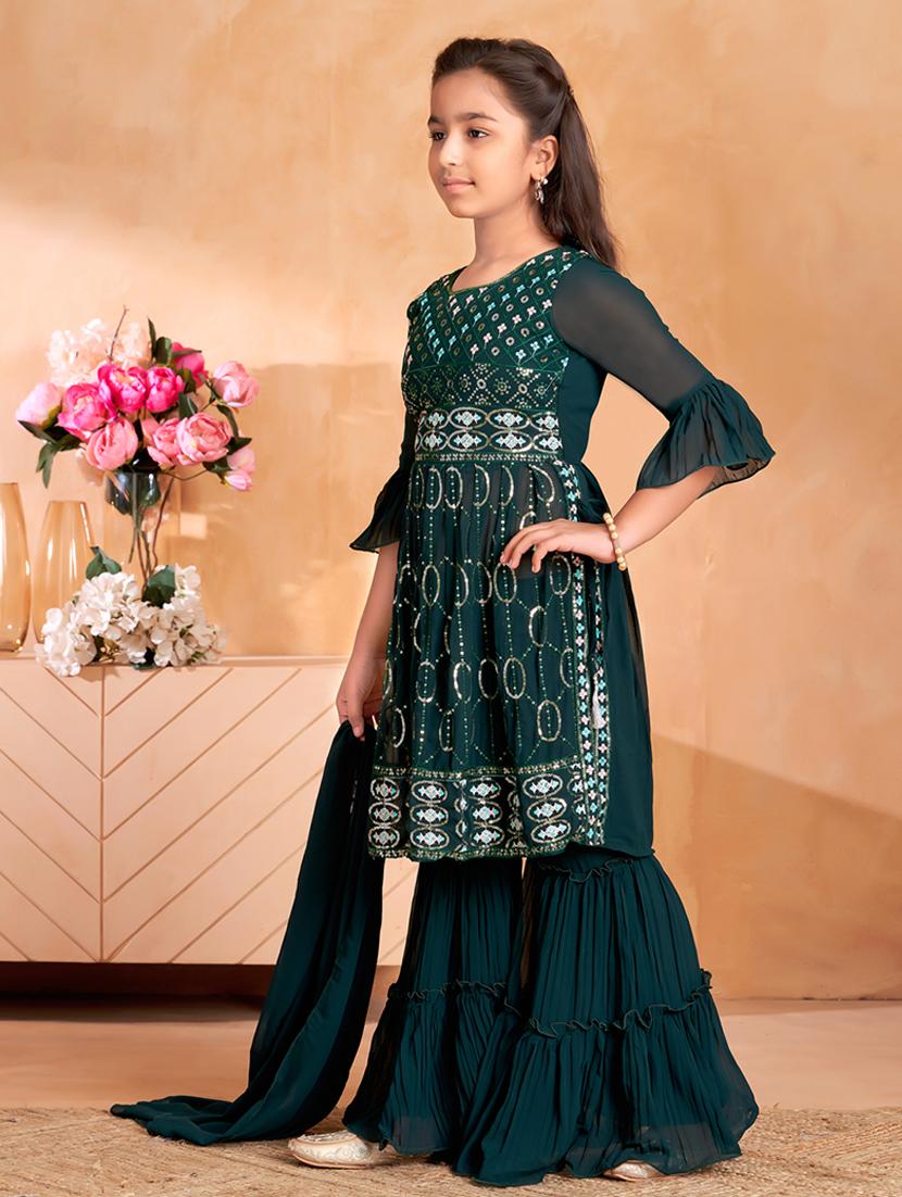 girls embroidered kurta and sharara set with dupatta - 22012066 - Standard Image - 2