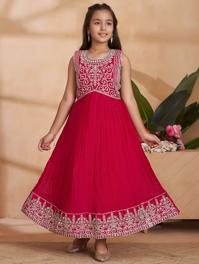girls embroidered sleeveless fit & flare gown