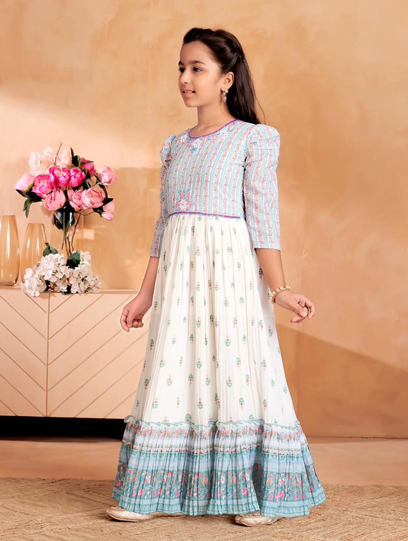 girls printed puff sleeves tiered gown - 22012109 - Standard Image - 2