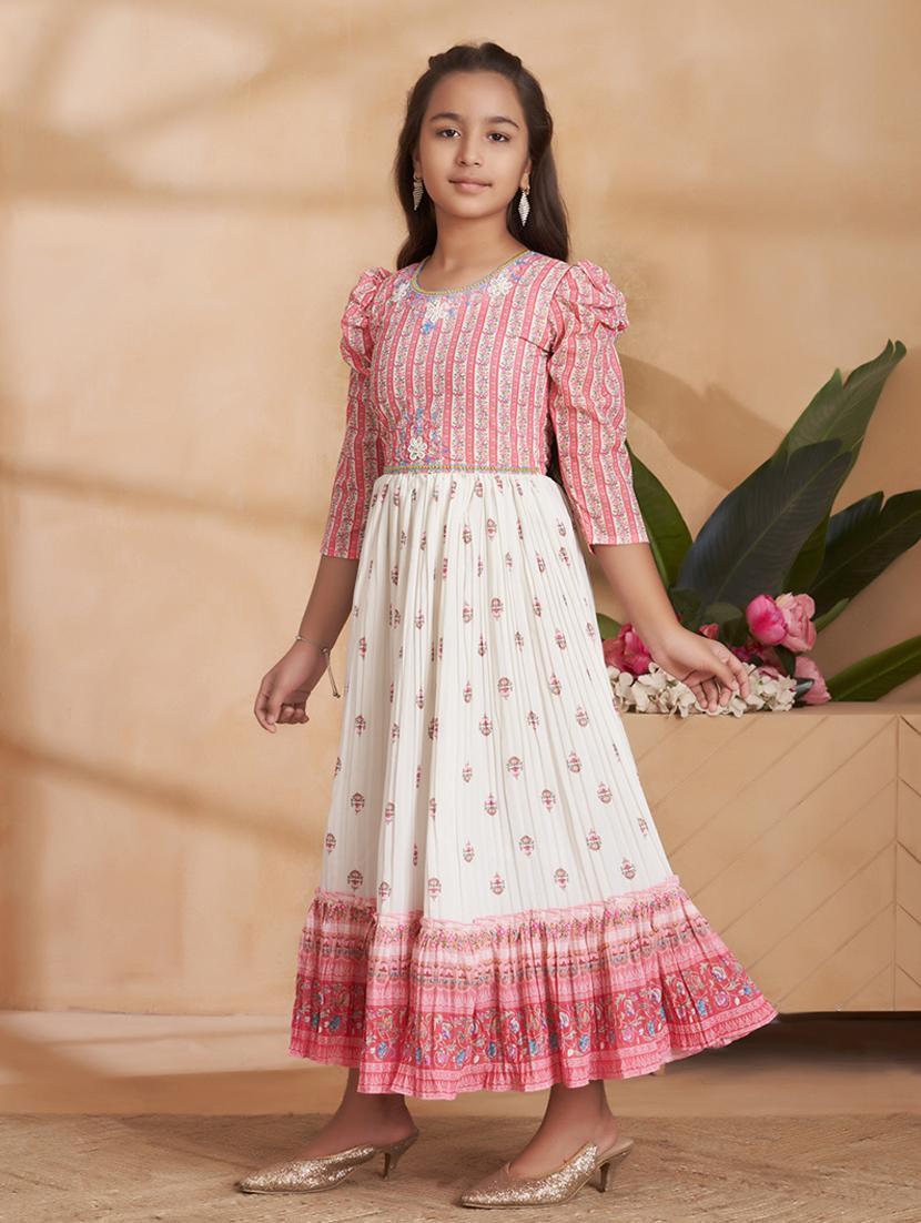 girls printed puff sleeves tiered gown - 22012111 - Standard Image - 2