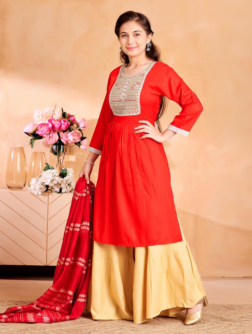 girls embroidered kurta palazzo set with dupatta - 22012140 - Standard Image - 2
