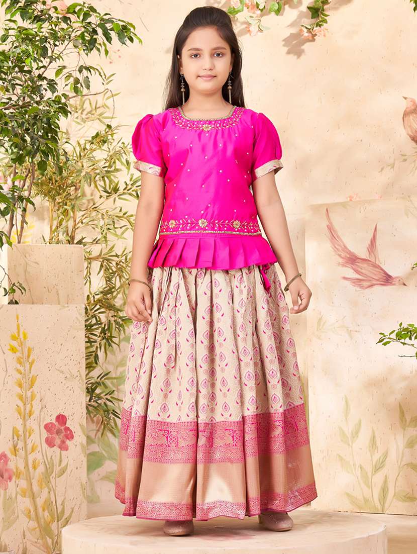 girls embroidered puff sleeve lehenga choli set - 22012165 -  Standard Image - 2