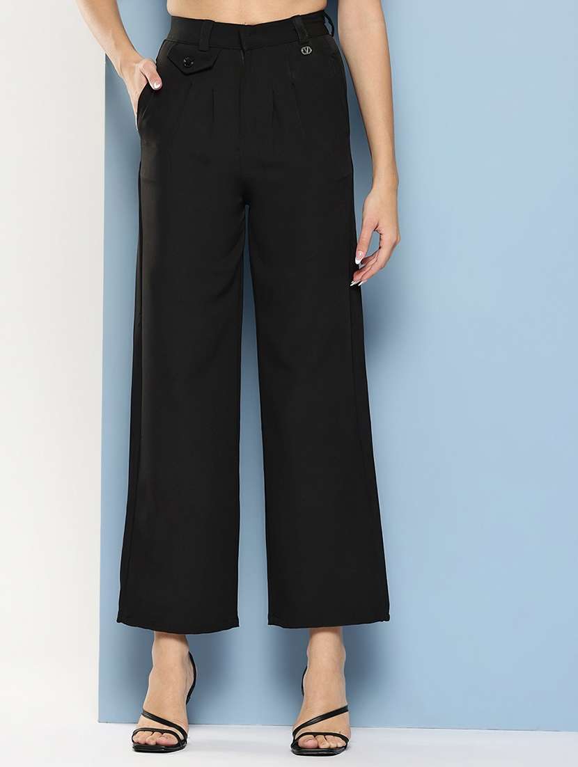 girls solid high rise straight trouser