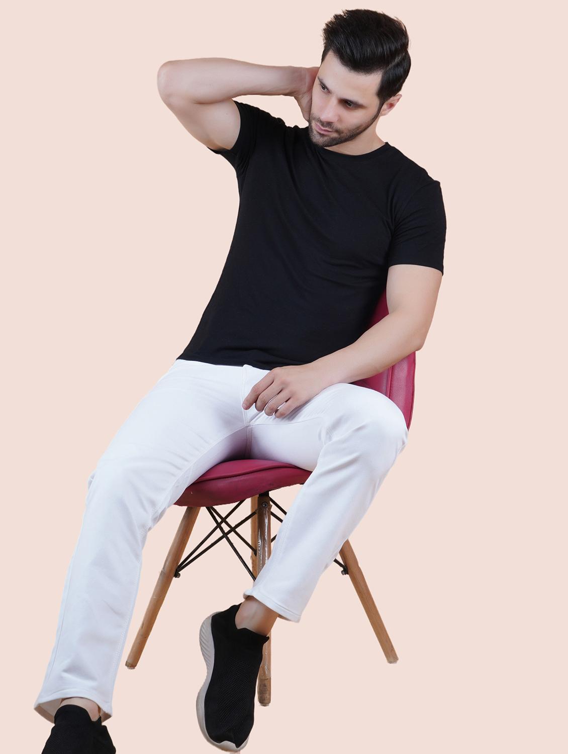 men white plain mid rise straight fit jeans - 22012245 - Standard Image - 2
