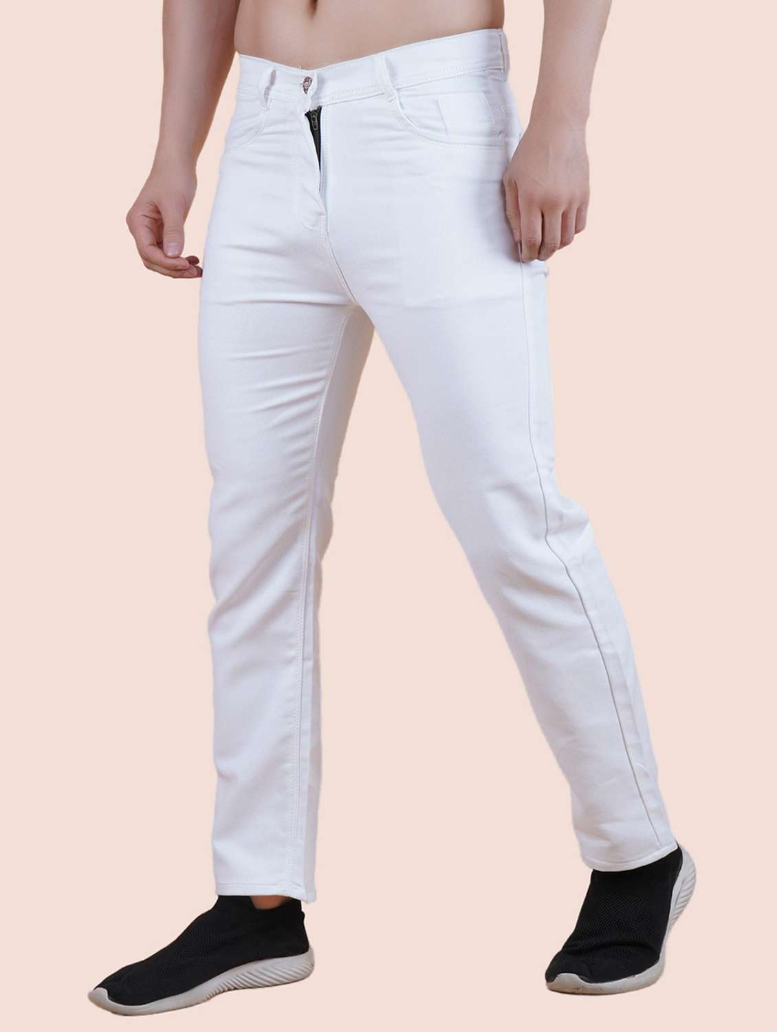 men white plain mid rise straight fit jeans