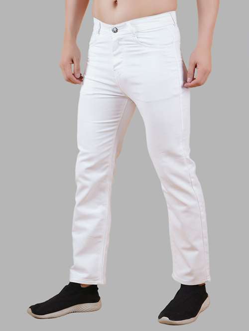 men white plain mid rise straight fit jeans - 22012253 - Standard Image - 0