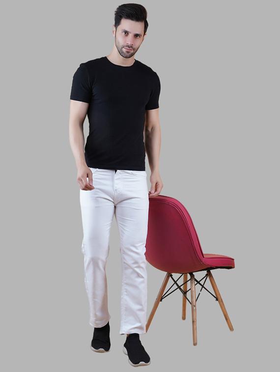 men white plain mid rise straight fit jeans - 22012253 - Standard Image - 2