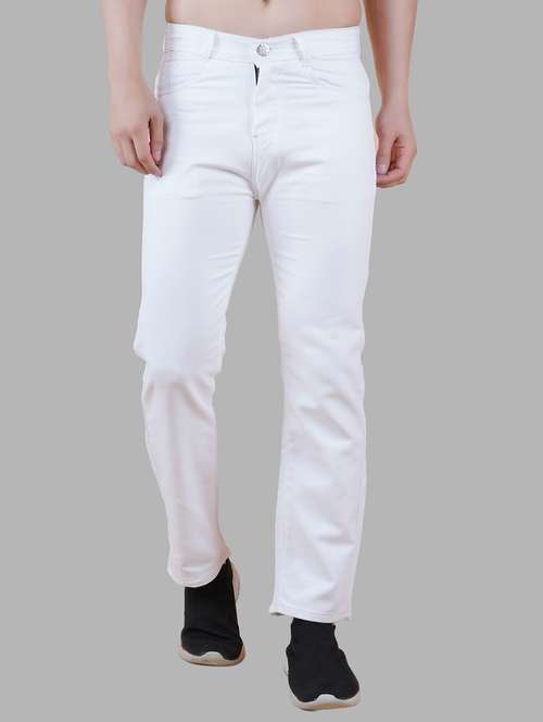 men white plain mid rise straight fit jeans - 22012254 - Standard Image - 0