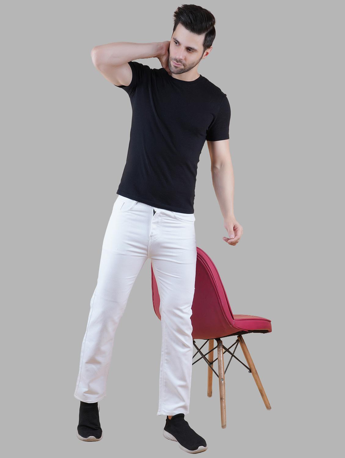 men white plain mid rise straight fit jeans - 22012254 - Standard Image - 2