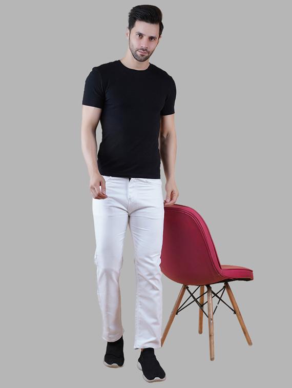 men white plain mid rise straight fit jeans - 22012255 - Standard Image - 2