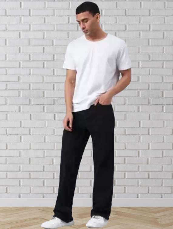 men black plain mid rise relaxed fit jeans - 22012290 - Standard Image - 2