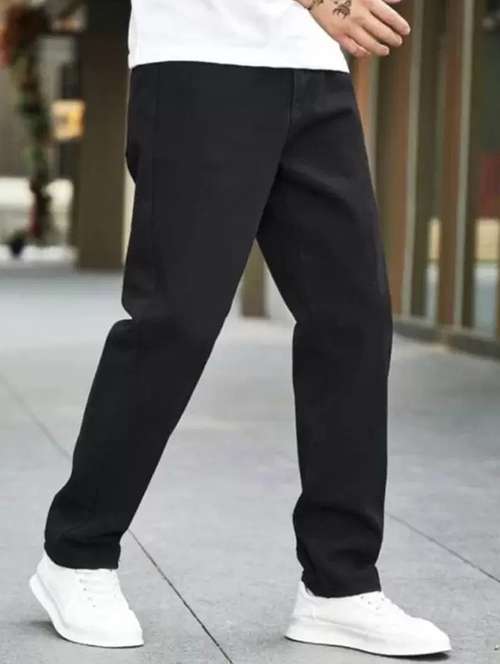 men black plain mid rise relaxed fit jeans - 22012321 -  Standard Image - 0