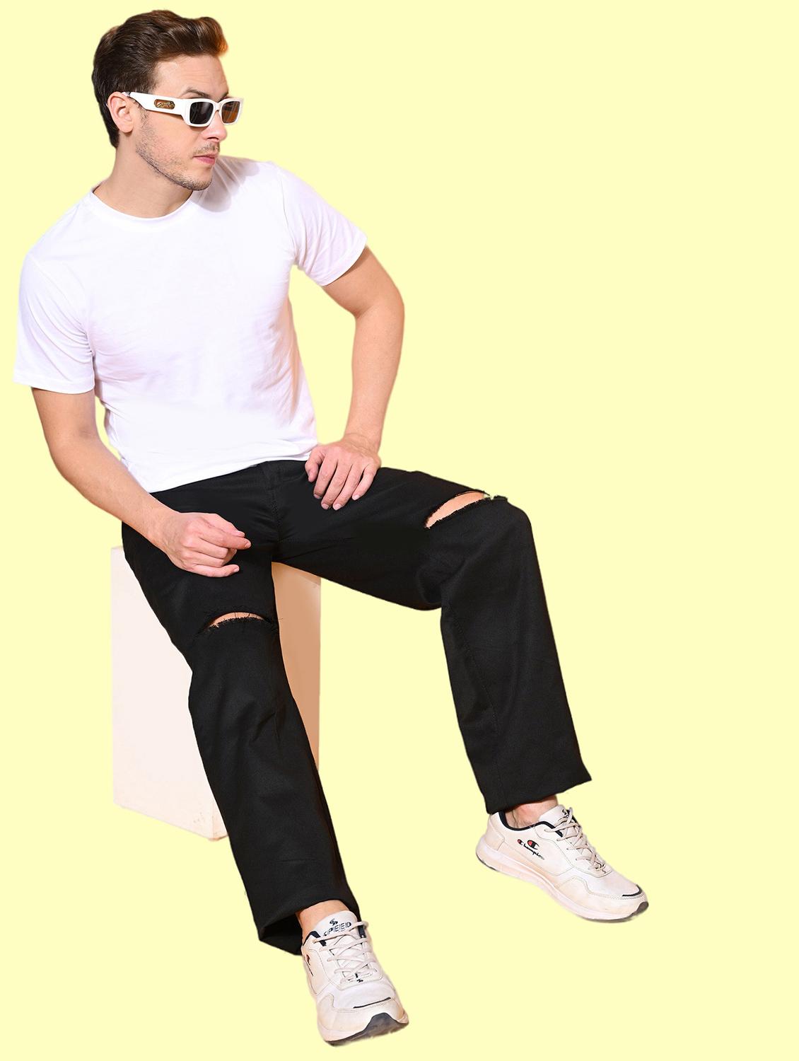 men black slash knee mid rise relaxed fit jeans - 22012397 - Standard Image - 2