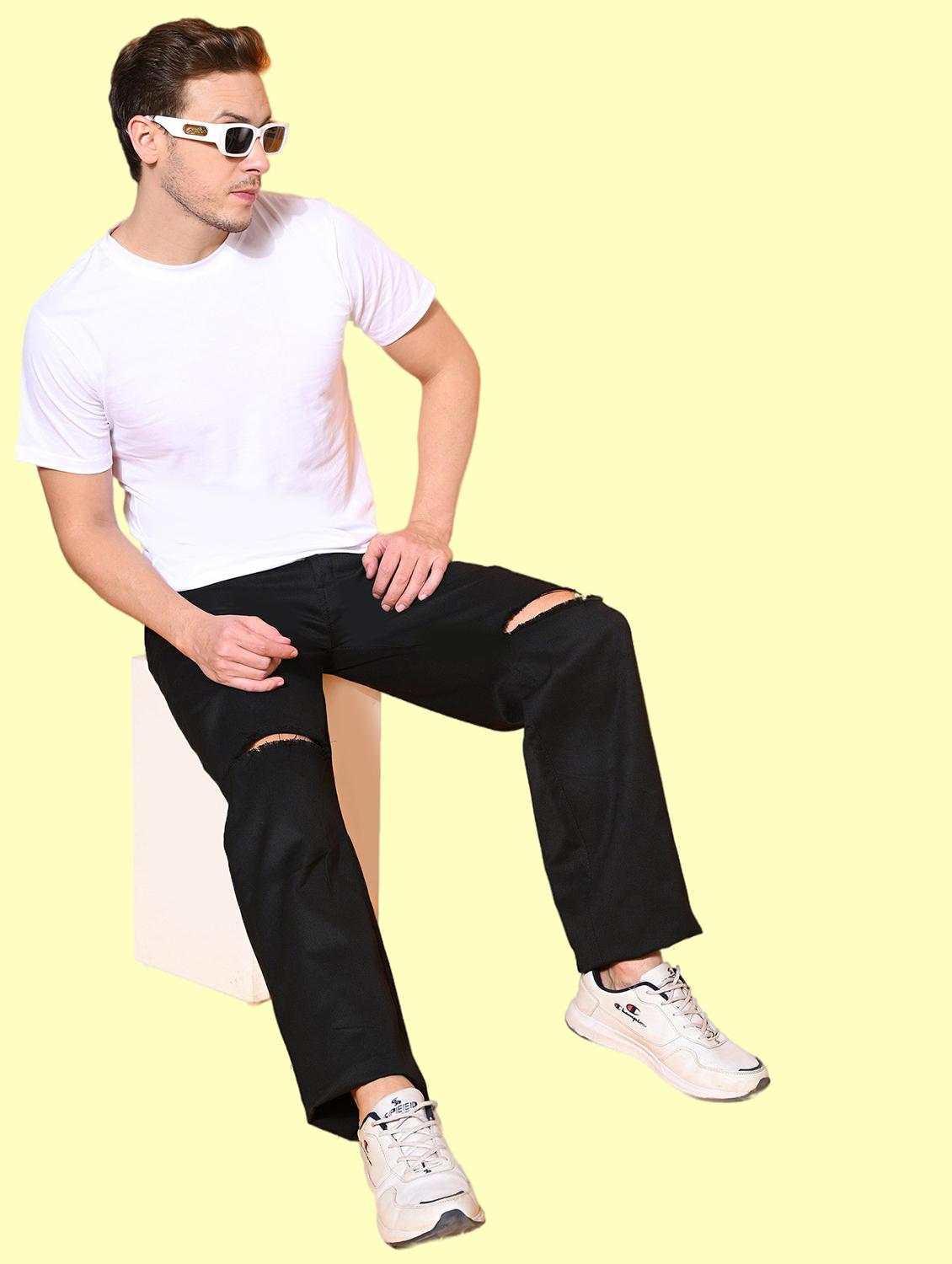 men black slash knee mid rise relaxed fit jeans - 22012399 - Standard Image - 2