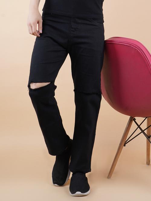 men black slash knee mid rise relaxed fit jeans - 22012402 -  Standard Image - 0