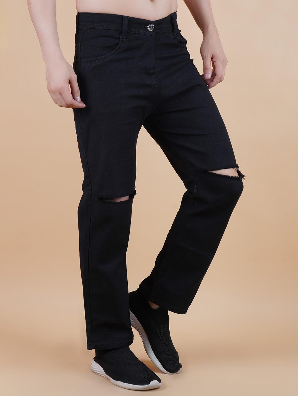 men black slash knee mid rise relaxed fit jeans