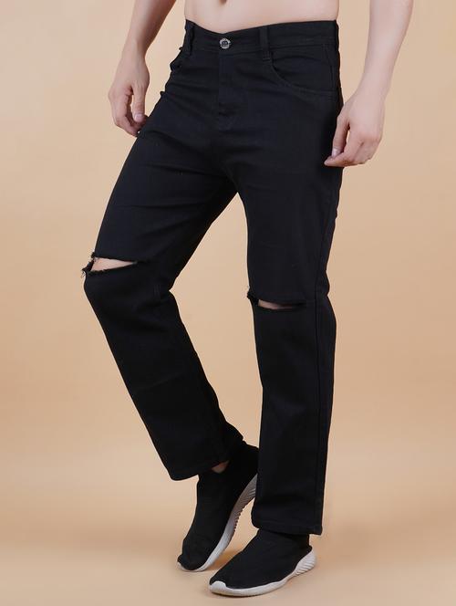 men black slash knee mid rise relaxed fit jeans - 22012421 - Standard Image - 0