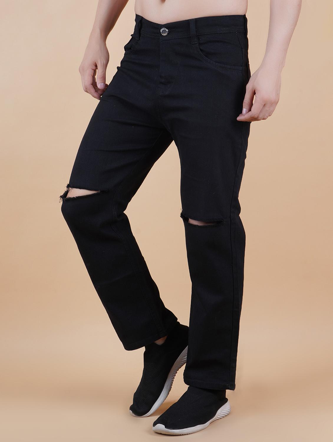men black slash knee mid rise relaxed fit jeans - 22012421 - Zoom Image - 0
