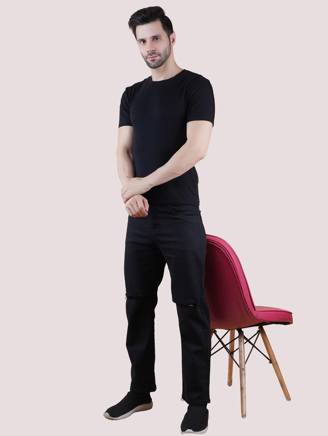 men black slash knee mid rise relaxed fit jeans - 22012424 - Standard Image - 2