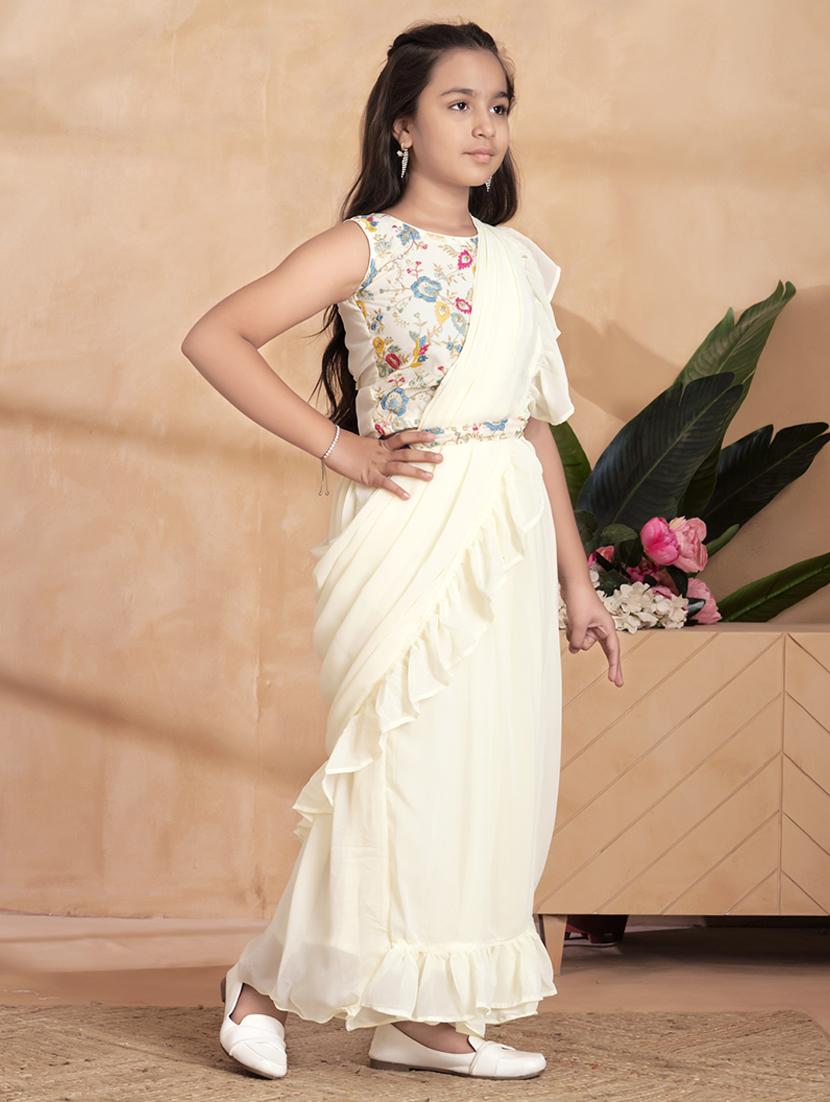 girls crem solid ruffle redy to wear saree - 22012429 - Standard Image - 2