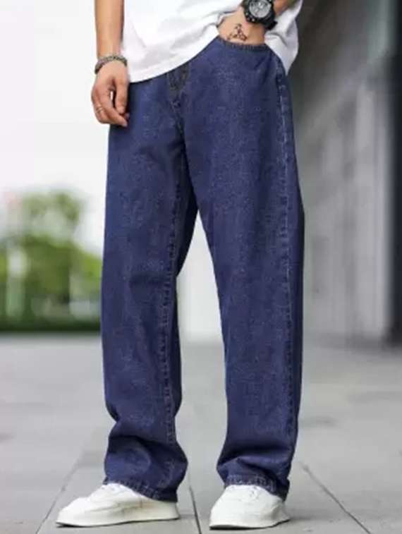 men blue plain mid rise baggy jeans - 22012434 -  Standard Image - 2