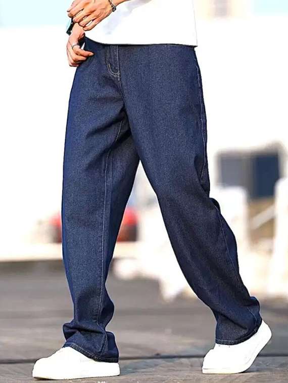 men blue plain mid rise baggy jeans