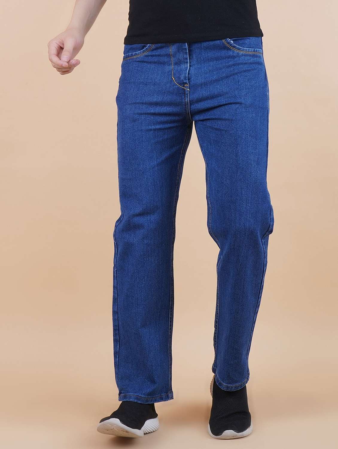 men blue plain mid rise straight fit jeans