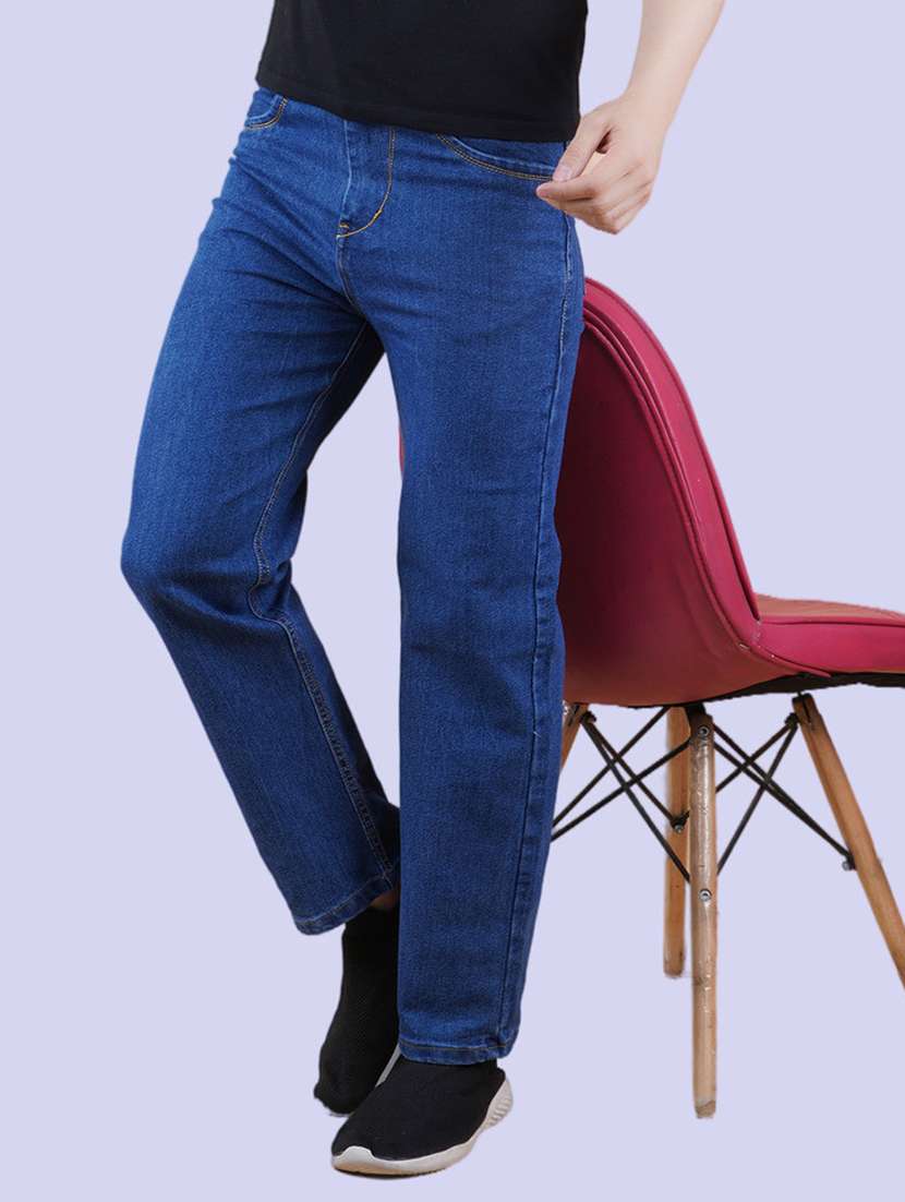 men blue plain mid rise straight fit jeans