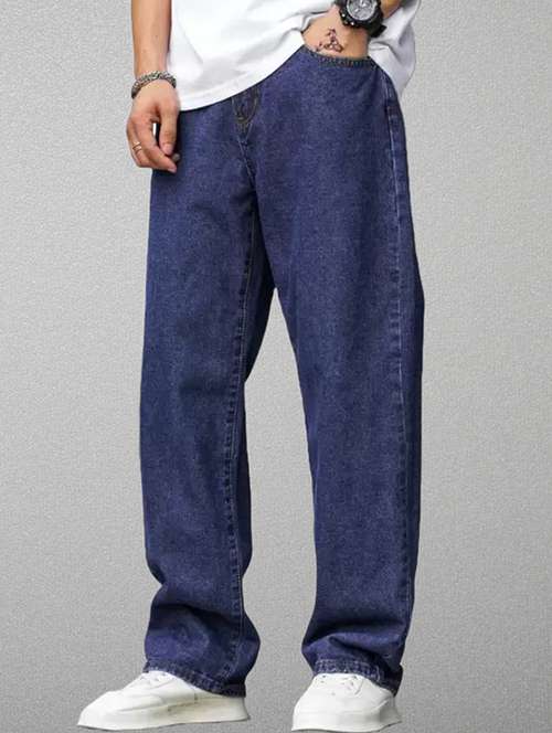men blue plain mid rise baggy jeans - 22012521 -  Standard Image - 0