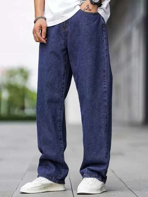 men blue plain mid rise baggy jeans - 22012522 -  Standard Image - 0