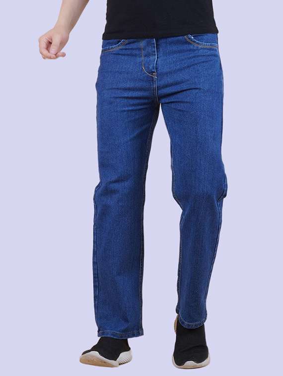 men blue plain mid rise straight fit jeans