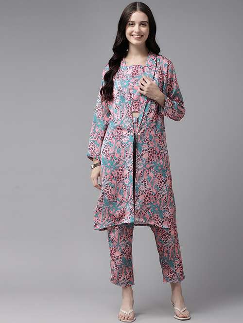 women printed top and trouser with shrug co-ord set