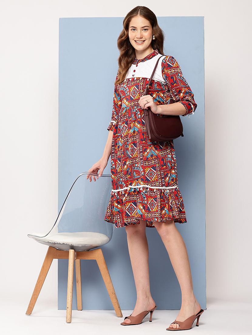 women printed mandarin neck tiered dress - 22012628 -  Zoom Image - 0