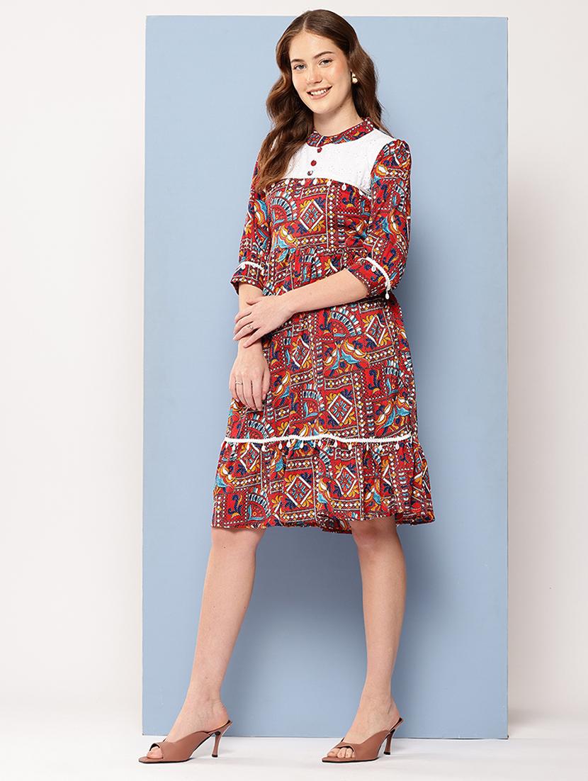 women printed mandarin neck tiered dress - 22012628 - Standard Image - 2