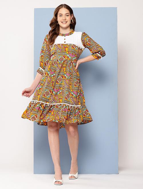 women printed mandarin neck tiered dress - 22012629 - Standard Image - 0
