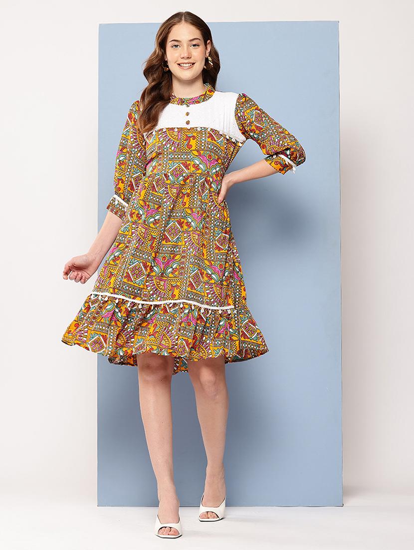 women printed mandarin neck tiered dress - 22012629 - Zoom Image - 0