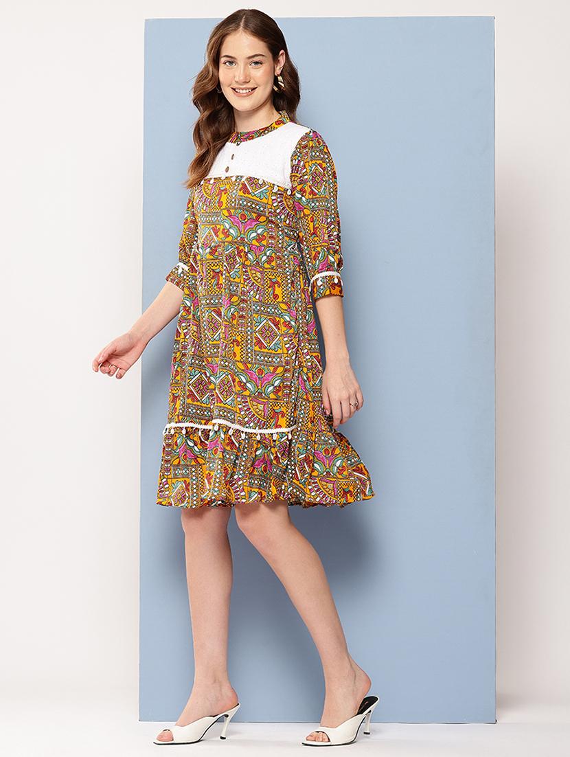 women printed mandarin neck tiered dress - 22012629 - Standard Image - 2