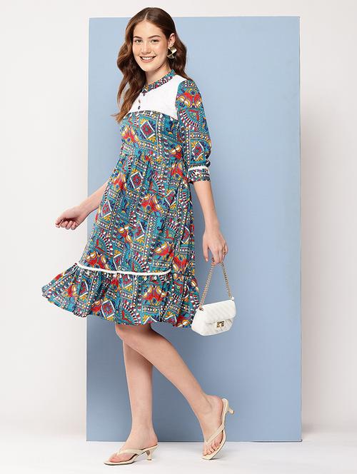 women printed mandarin neck tiered dress - 22012630 - Standard Image - 0