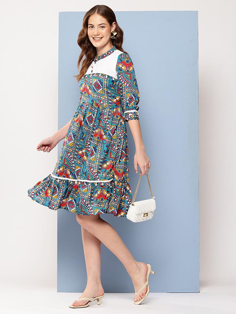 women printed mandarin neck tiered dress - 22012630 - Zoom Image - 0
