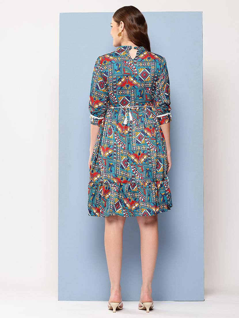 women printed mandarin neck tiered dress - 22012630 - Standard Image - 2