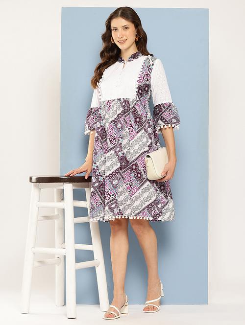 women printed mandarin neck a-line dress - 22012632 - Standard Image - 0